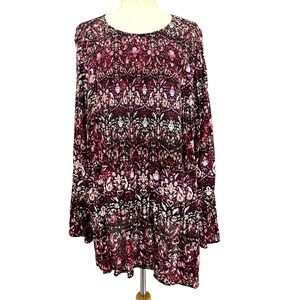 J Jill Womens Top 3X Office‎ Smocked Tunic Boho Floral Art Fall Burgundy Purple